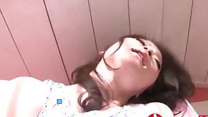 Big tits Japanese teen pleasuring herself her wet hairy pussy